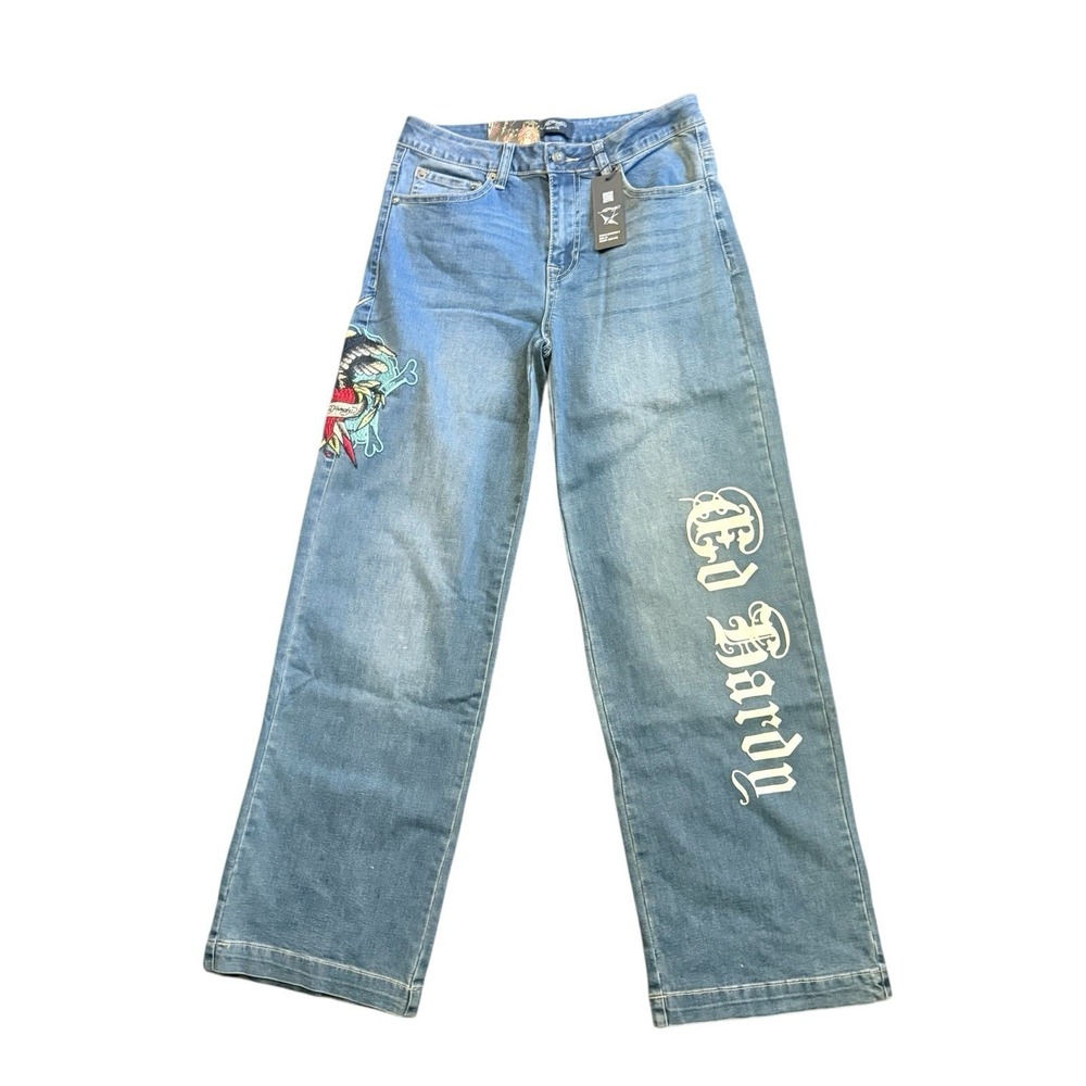 Ed Hardy Women Jeans Wide Leg Embroidered Tattoo Graphic Med Vtg Size 26